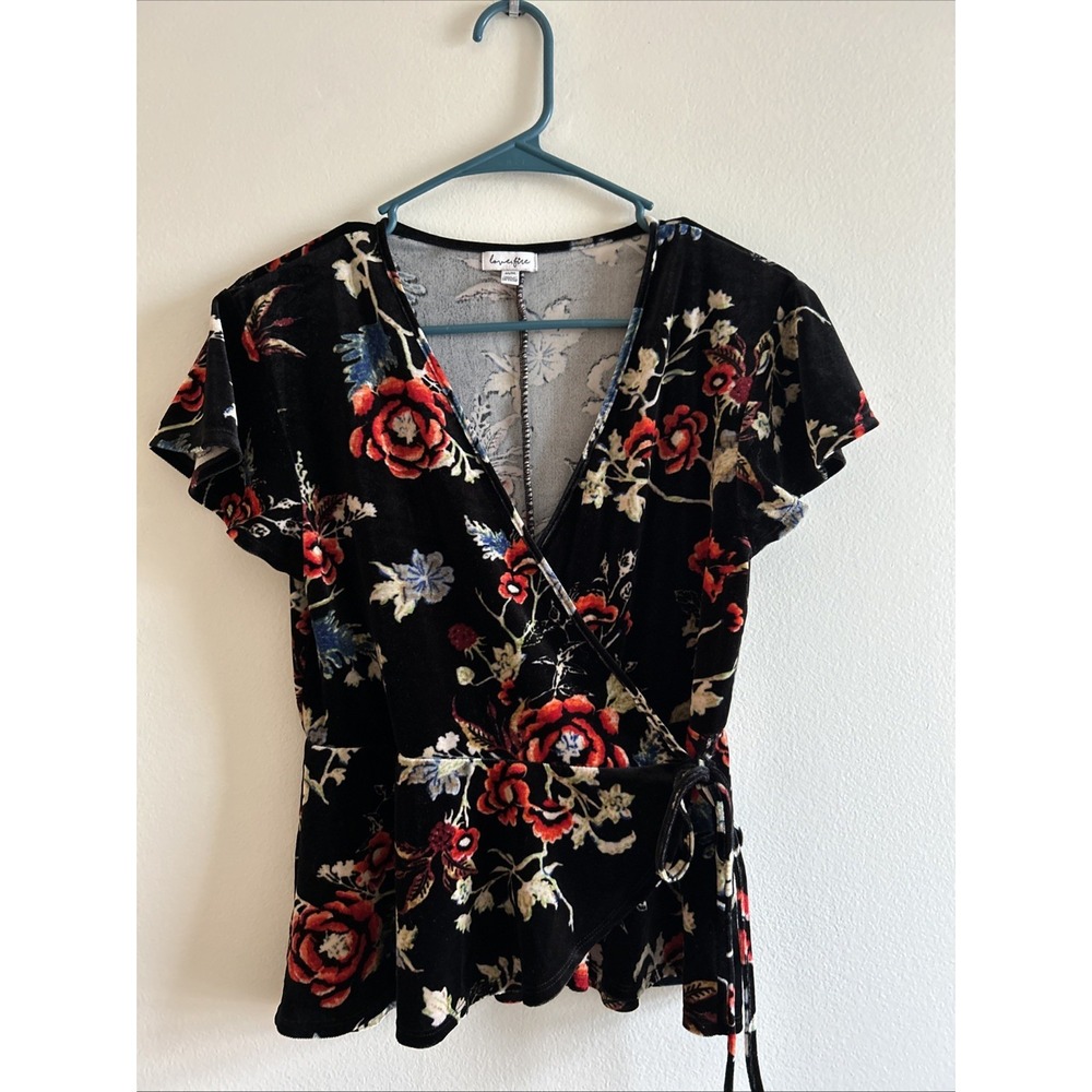 Love Fire Floral Velvet Criss Cross Top Whimsical Fairy Grunge Sz M Short Sleeve